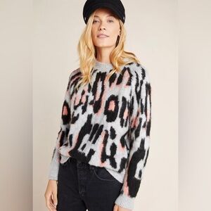 Anthropologie Gisella Abstract Cheetah Knit Pullover Sweater Grey Black Pink M